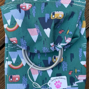 Dog sling, ring sling, pet sling. Snuggle your bundle up to 30 lbs.  Cute colorful camping fun, adjustable ring sling with pocket!
