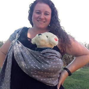 Dog sling, dog carrier, pet sling, cat sling, guinea pig, rabbit, kitten, puppy. Gray arrows, neutral, adjustable, washable, fits everyone.