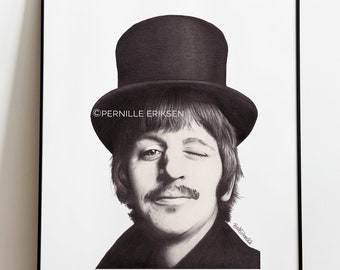 Beatles Art Print featuring my pencil portrait of The Beatles' drummer Ringo Starr. A perfect gift for any drummer and Beatles fan.