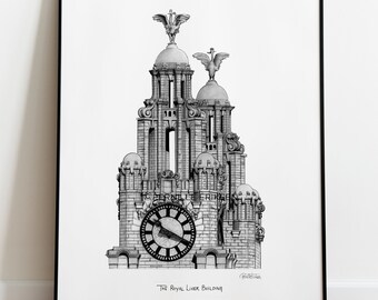 The Royal Liver Building Art Print. Liverpool City Skyline Poster with the Scouse Liver Birds, home of Liverpool FC and The Beatles.