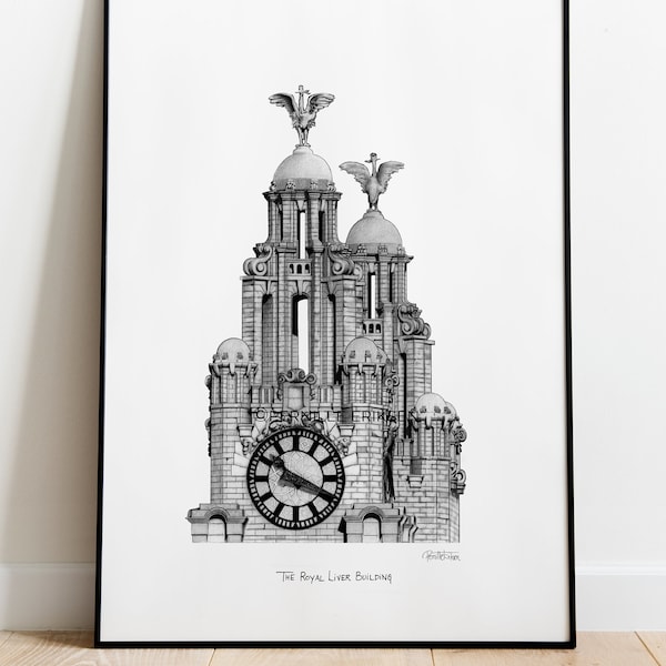The Royal Liver Building Art Print. Liverpool City Skyline Poster with the Scouse Liver Birds, home of Liverpool FC and The Beatles.