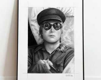 Beatles Art Print featuring my black and white pencil portrait of John Lennon in 1965. A perfect gift for any Beatles fan.