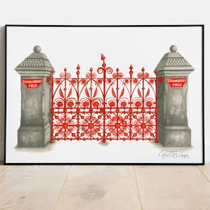 Puede incluir: Una ilustración en blanco y negro de las icónicas puertas rojas del estadio de Anfield, hogar del Liverpool Football Club. Las puertas están adornadas con intrincados trabajos de hierro y llevan la inscripción "Strawberry Field" en ambos lados.