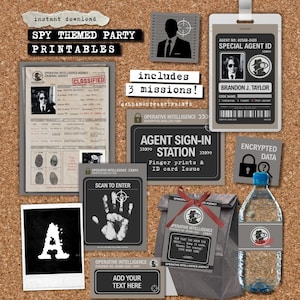 May include: A collection of spy-themed party printables including a classified dossier, special agent ID badge, agent sign-in station sign, scan to enter sign, encrypted data label, and a water bottle label with a dark grey, black, and white colour scheme.