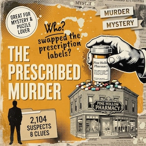 Könnte beinhalten: Ein Krimispiel-Grafik mit dem Titel The Prescribed Murder, das eine Hand mit einer Medikamentenflasche der Pine Hollow Pharmacy, eine Gebäudeillustration und Text wie Who? swapped the prescription labels? 2,104 suspects 8 clues zeigt.