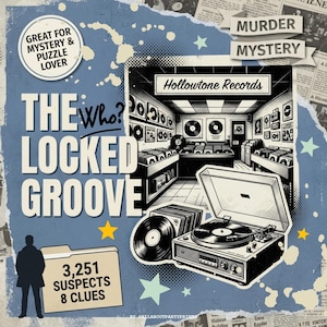 Pode incluir: Um jogo de mistério intitulado The Who? Locked Groove com uma ilustração a preto e branco de uma loja de discos e um gira-discos. O design inclui o texto Hollowtone Records, 3.251 suspects, 8 clues e Great for mystery & puzzle lover num fundo azul com estrelas.
