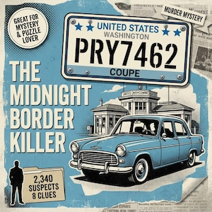 Pode incluir: Uma ilustração gráfica intitulada The Midnight Border Killer apresentando um carro vintage azul claro, uma placa de Washington lendo PRY7462, um edifício chamado United Ashcombe e um ícone de pasta com 2.340 suspeitos 8 pistas.