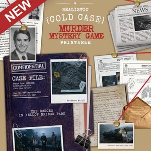 May include: A printable murder mystery game titled Realistic Cold Case featuring a dark purple confidential case file folder, various documents, a newspaper clipping, a brown envelope, and photographs of evidence including a footprint and a flashlight.
