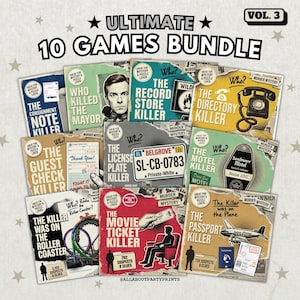 Op de afbeelding: Een bundel van 10 moordmysteriespellen getiteld Ultimate 10 Games Bundle Vol. 3. De collectie bevat individuele spelhoezen zoals The Consignment Note Killer, Who Killed The Mayor, The Record Store Killer, The Directory Killer, The Guest Check Killer, The License Plate Killer, The Motel Killer, The Killer Was On The Roller Coaster, The Movie Ticket Killer en The Passport Killer, met diverse grafische illustraties en tekst.