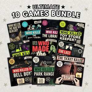 Op de afbeelding: Een bundel van 10 moordmysterie-spellen met zwarte covers en tekst in wit, rood, groen en geel. De titels zijn Who Killed the Gas Station Dealer, Who Killed the Delivery, Who Killed the Librarian, Who Killed the Toy Store Keeper, Who Made the Last Call, The Last Livestream, Who Killed the Bell Boy, Who Killed the Park Ranger en The Ticket Killer.