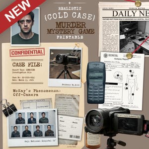 Può includere: Un kit di gioco giallo stampabile che include un fascicolo del caso, un ritaglio di giornale, un rapporto di autopsia, una griglia di foto di sospettati, un documento di laboratorio digitale, un biglietto di viaggio, un telefono e una videocamera.