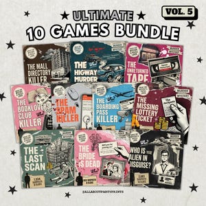 Könnte beinhalten: Ein Bündel von 10 Mystery-Spielen mit dem Titel Ultimate 10 Games Bundle Vol. 5. Jedes Spiel hat ein einzigartiges grafisches Cover mit Titeln wie The Mall Directory Killer, The Highway Murder, The Unreturned Tape und The Bride Is Dead.