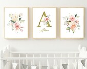 Blush Gold Pink, Custom Name, Set Of 3 Floral Prints, Nursery Decor, Gold Floral Decor, 3 Pack Nursery Print, Watercolor Flowers, Bouquet