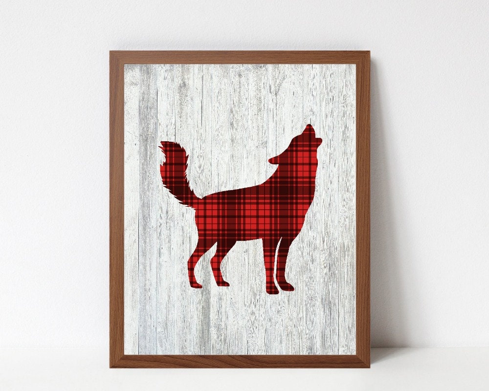 Wolf Art Print Rustic Nursery Art Poster Red Plaid Wolf Art