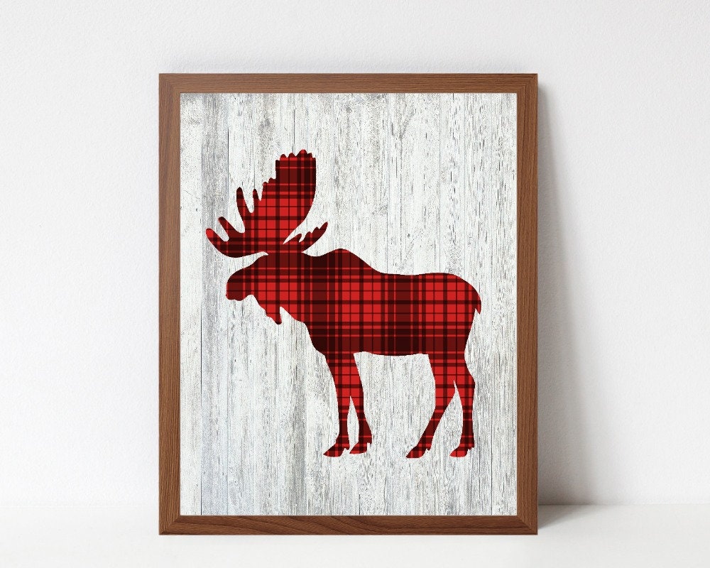 Moose Art Print Rustic Nursery Art Poster Red Plaid Moose Art