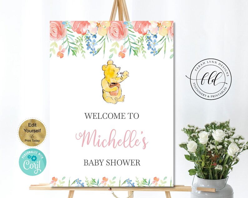 Pink Floral Classic Winnie Pooh Welcome Sign Editable Template Etsy