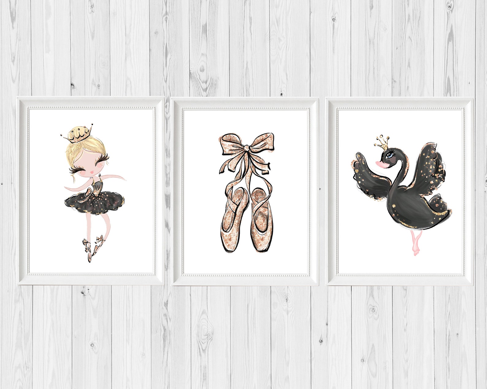 ballerina nursery art, black swan wall art print, ethereal gold sparkle, black ballet shoes, baby girl, whimsical bohemian, prin