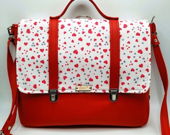 Briefcase bag in red imitation leather with eco-leather flap and cotton fabric with red hearts and blue-grey dots