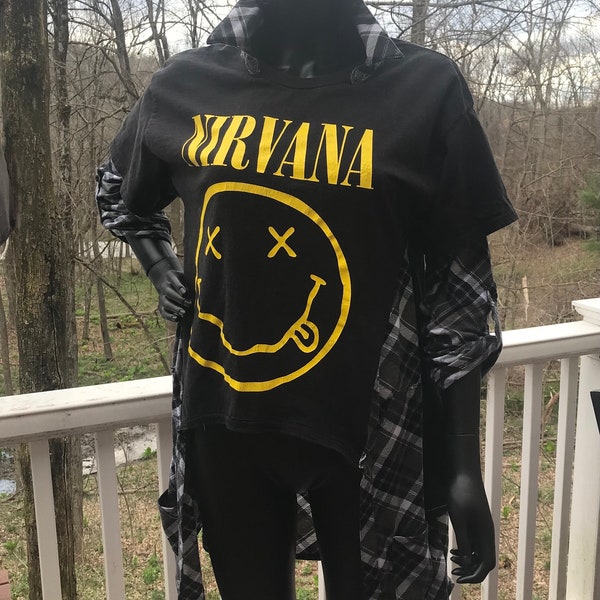 Nirvana Graphic Grunge Up-cycled Oversized Patchwork Tunic Shirt Alternative alt sizes S,M,L