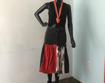 Falda maxi de mezclilla de ciclo up tamaño 15, falda gitana, falda larga hippie parcheada primavera verano divertido hilos funky coqueto fluido negro, gris, naranja