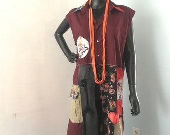 Plumero de hongos reciclado. Túnica sin mangas Top con bolsillos, Verano para mujer, Cubrir, Uno de un tipo Greatful Dead, Floral, Camisa hippie