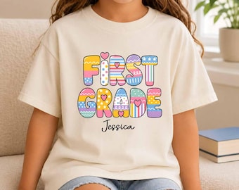 Custom Kids Name Back To School Shirt, Girl First Grade Tee, Preppy Elementary Outfit