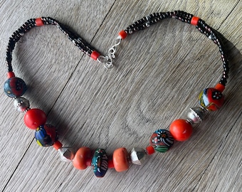 Beaded necklace,Ethnic beads, Vintage Indian milleFiori beads, bamboo coral,dyed coral,Handmade silver beads, Africa,Czech glass seed beads.