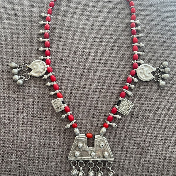 Ethiopian antique, Wollo, Fertlity necklace, original, restrung, Rare. Silver pendants, Old Red glass ,Turkana, Czech beads.