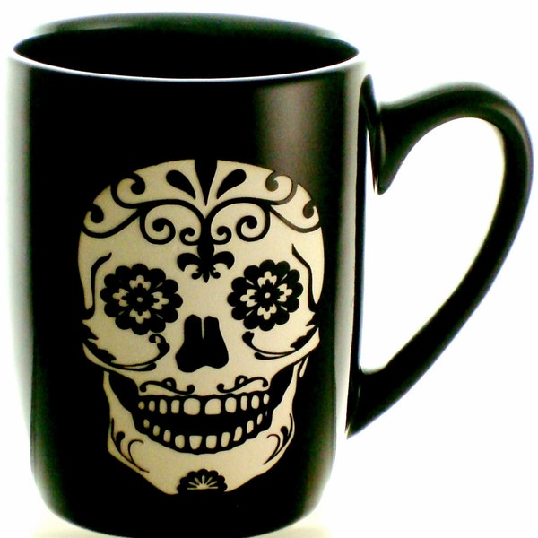 Sugar Skull Sand Carved 12oz Coffee Mug - Black Stoneware ~ Can be Personalized | Sugar Skull Coffee Cup | Day of the Dead Coffee Cup