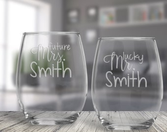 Personalized Future Mrs Lucky Mr Stemless Wine Glasses | Proposal Wine Glasses | Custom Engagement Gift |  Gift for Couple | Bride to Be