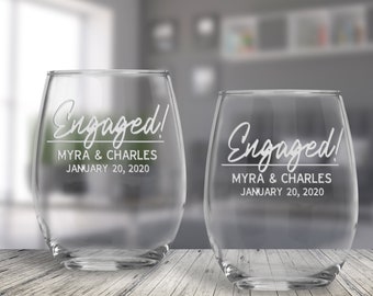 Personalized Engaged Stemless Wine Glasses: Custom Couple Gift