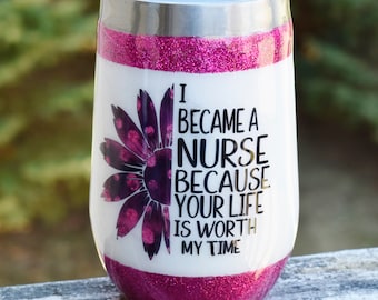 Nurse Theme 16 oz Magenta glitter mica wine tumbler | Nurse Tumbler | Nurse Graduation Gift | Gift for her | Wine Lover | Stainless Steel