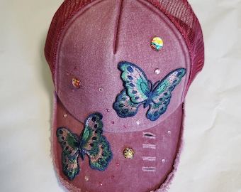 New Custom Designed Pink Distressed Baseball Cap with Pink Sequined Butterfly Distressed Vintage Couture Pearl Butterfly Trucker Hat  main image 4