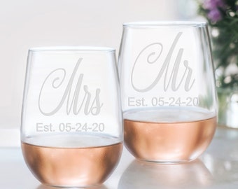 Mr Mrs Stemless Wine glass set, Mr and Mrs, Wedding glasses, Wedding Wine glasses, Mr and Mrs Gift, Mr Mrs glasses, couples wedding gift