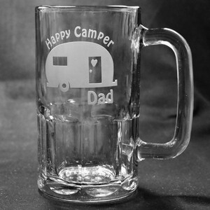 Personalized Happy Camper 20 oz Glass Beer Mug Stein Birthday Gift for Him Camping Beer Lover Gift