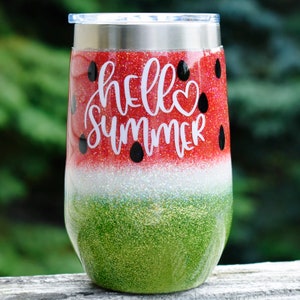 16 oz Bonjour Summer Watermelon paillettes vin tumbler Verre de vin d&#39;anniversaire Verre de vin de scintillement Cadeau pour elle L&#39;amant du vin (fr) acier inoxydable