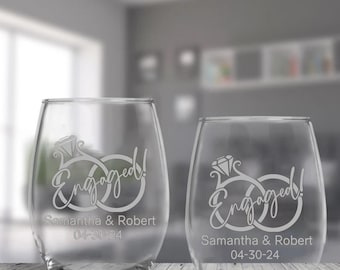 Personalized Engaged  Stemless Wine Glasses | Proposal Wine Glasses | Custom Engagement Gift |  Gift for Couple | Bride to Be Gift
