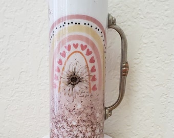 Taupe Rainbow and Daisy skinny tumbler with handle, Gift for Mom, Gift for Her, Mothers Day Idea, Unique Glitter tumbler, Girlfriend Gift