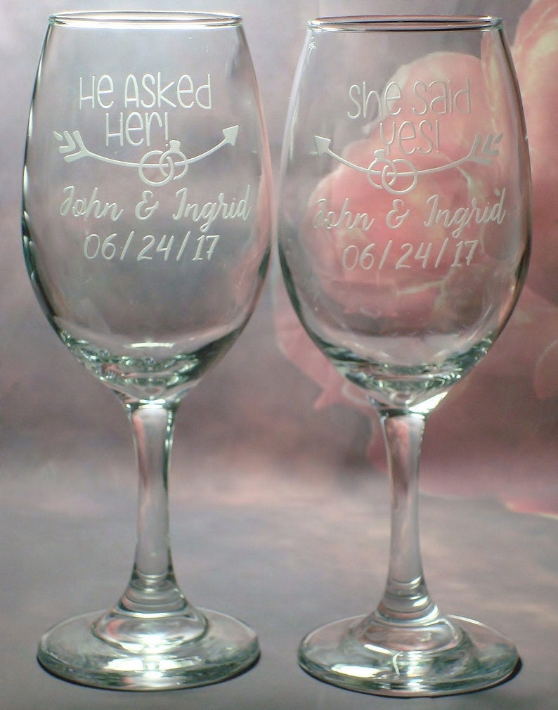 Engagement Wedding Wine Glass Set He Asked Her She Said Yes Etsy