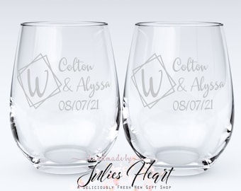 Custom Monogram Stemless Wine Glasses | Wedding Wine Glasses | Custom Wedding Gift |  Gift for Couple | Bride to Be | Bridal Shower