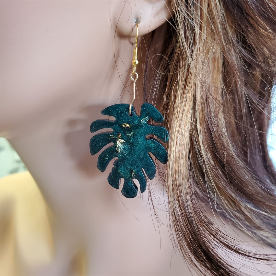 Monstera Leaf Resin French Wire Drop Earrings Bold - Etsy