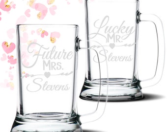 Future Mrs Lucky Mr 16 oz personalized Glass Beer Mug Stein | Engagement Gift | Custom Beer Steins | Beer Lover Gift | Engaged couple gift