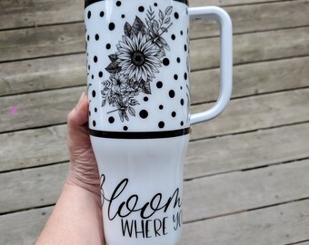 Epoxy 40oz Tumbler Black White Flower Design, Gift For Her, 40 oz Travel Mug, Gift for Friend, Gift for Mom, Not A Stanley Quencher
