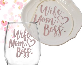 Wife Mom Boss Gift Set | Ring Dish Wine Glass Set | Boss Mom | Gift for Her | Rose Gold | Gift for Mom | Girlfriend Gift | Birthday Gift