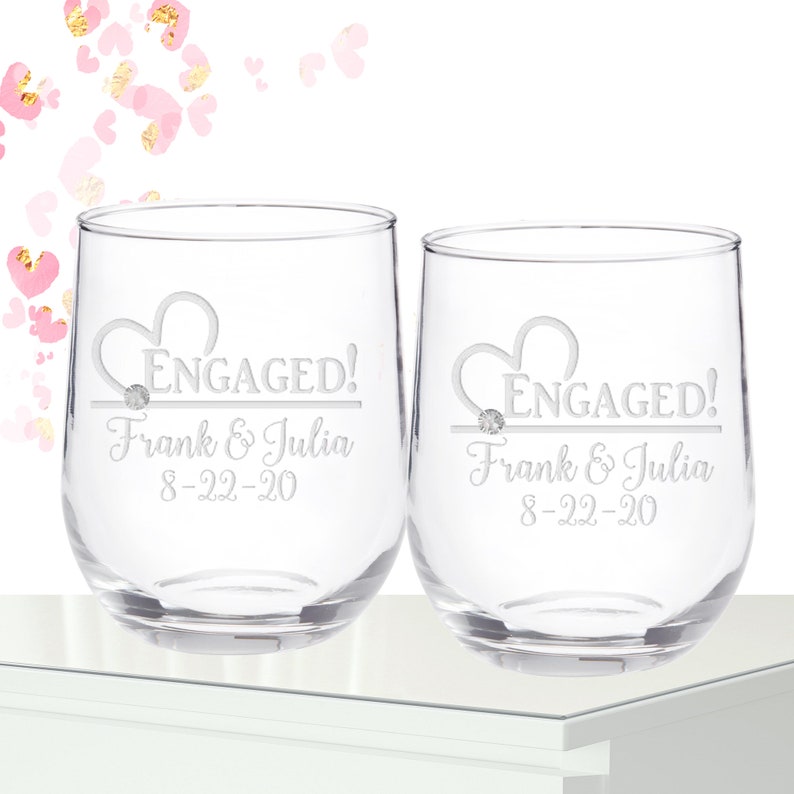 Personalized Engaged Stemless Wine Glass Set Engagement gift Etsy