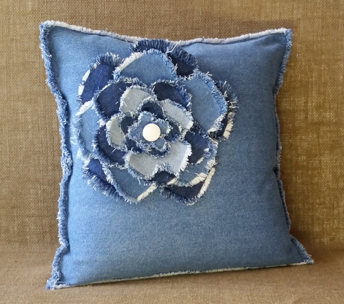 Denim Fringe Flower Pillow Handmade from Blue Denim with a Etsy
