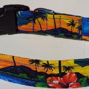 May include: A blue and yellow dog collar with a tropical sunset print and the word "Aloha" in white. The collar has a black plastic buckle.