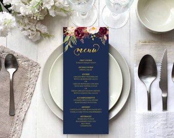 Printable Navy Wedding Menu Template -  Editable Burgundy Floral Gold Menu, Elegant Wedding Menu, Vistaprint, DIY Instant Download PDF #109