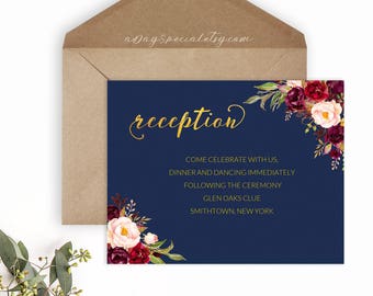 Navy Wedding Reception Card Template, Burgundy Boho Floral, Printable Reception card, Vistaprint, Uprinting, DIY PDF Instant Download #109