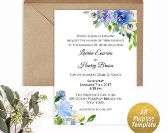 All Purpose 5x7" Blue and Cream Flower Template, Printable Bridal Shower Baby Shower Birthday Wedding Floral Invitation, DIY, Download  #107